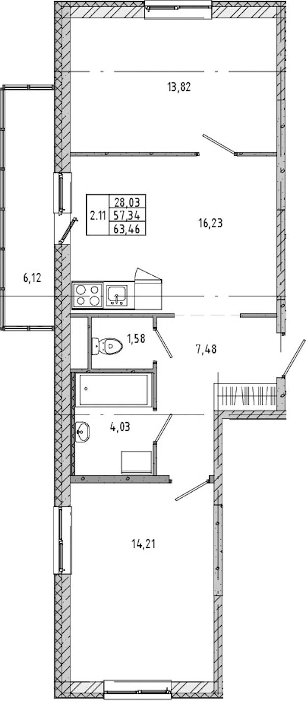2-комнатная квартира 57.32 м², 5/21 эт., ЖК «Новые горизонты 2»